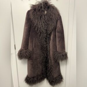 Brown Faux Shearling Coat with Fur Trim - Women